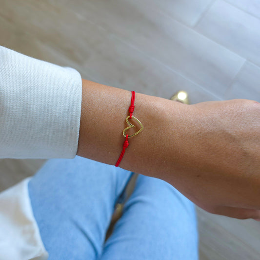 Pulsera Hilo Rojo Corazón Oro 18K Ajustable